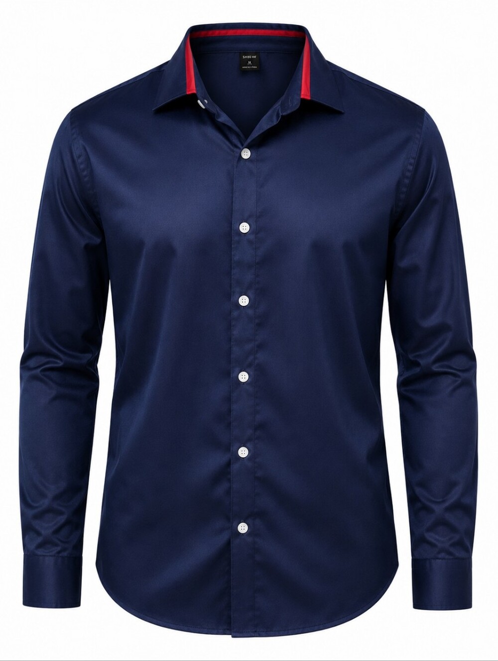 Men's Navy Blue Long-Sleeve Button-Up Shirt with Red Collar Stripe